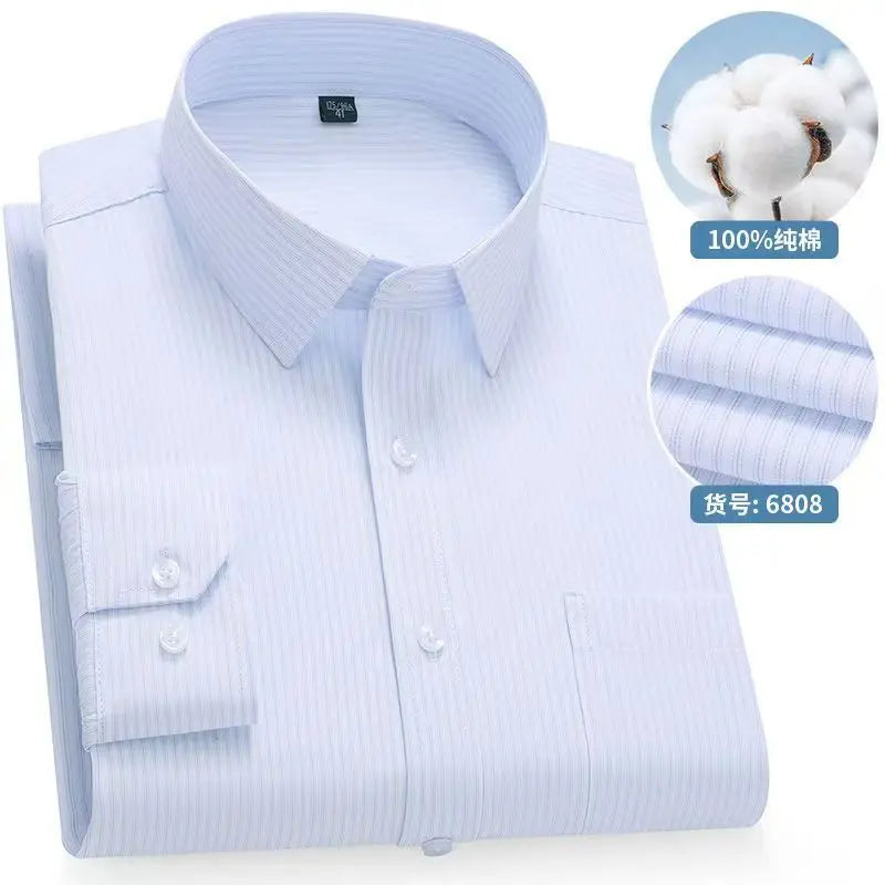 8XL Formal Office Wear 100 Cotton Long Sleeve Shirt for Men Business Casual Striped Work Shirt Men Long Sleeve White Black Blue