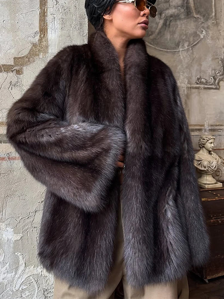 Woman Mixed Color Long Faux Fur Coat Fashion Lapel Collar Full Sleeve Loose Overcoat 2025 Winter Lady Warm High Street Outwear