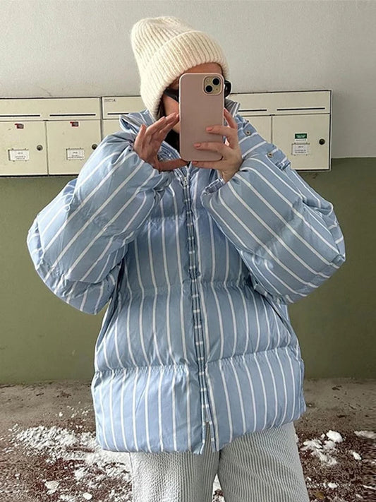 Casual Striped Short Cotton Overcoat Women Long Puff Sleeve Zipper Stand Collar Coat 2025 Autumn Winter Thick Warm Lady Outwear