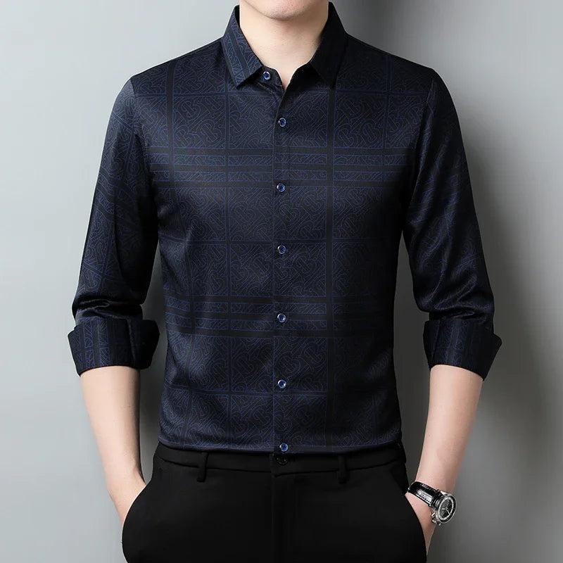New Men's Casual Printed Long Sleeved Lapel Shirt for Spring and Autumn Fashion Comfortable Wrinkle Free Top Without Ironing