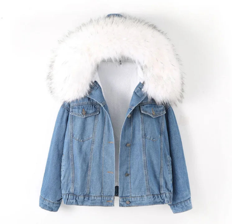 Winter Denim Jacket Hooded Coat Women Removable Fur Collar Fleece Lined Jeans Jacket Warm