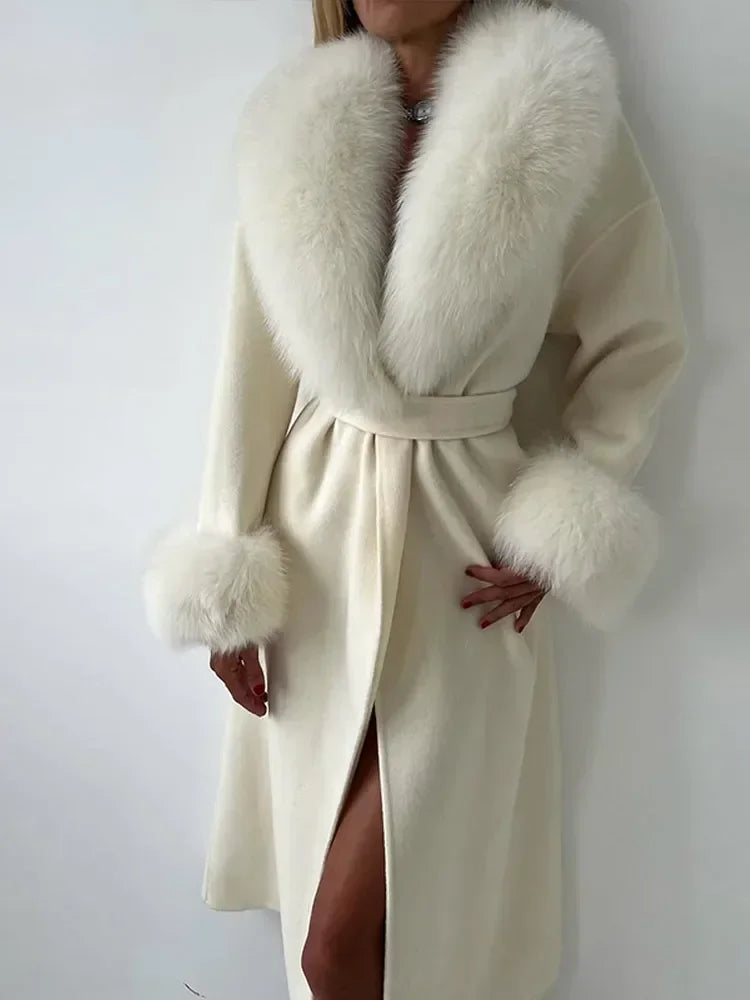 Retro Black Fur Patchwork Woolen Coat Women Chic Full Sleeve V-neck Lace Up Loose Long Overcoat 2025 Lady Winter Commute Outwear