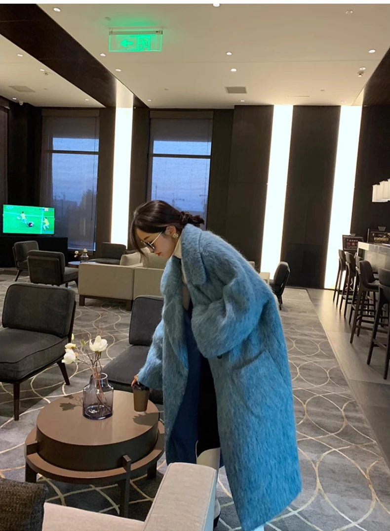 Lautaro Winter Long Blue Fluffy Oversized Warm Wool & blends Coat for Women Single Button Pockets Luxury Clothes Woolen Overcoat