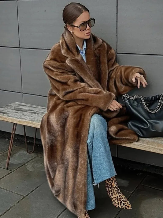 Woman Mixed Color Long Faux Fur Coat Fashion Lapel Collar Full Sleeve Loose Overcoat 2025 Winter Lady Warm High Street Outwear