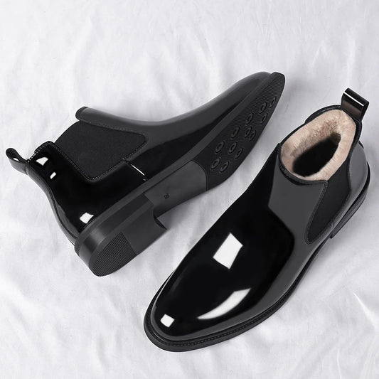 Height Increase Men's Shiny Leather Boots Pointed Formal Elevator Shoes Office Business Snow Boots Chelsea Winter Cotton Boots