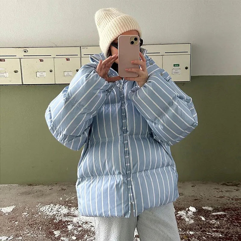 Casual Striped Short Cotton Overcoat Women Long Puff Sleeve Zipper Stand Collar Coat 2025 Autumn Winter Thick Warm Lady Outwear
