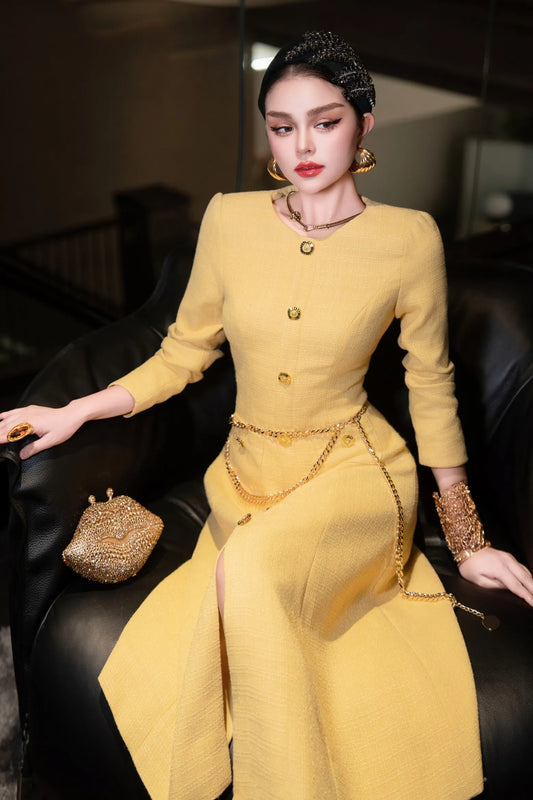 ZJYT New Arrivals Autumn Dresses for Women 2025 Elegant Designer Long Sleeve Single Breasted Party Yellow Dress with Belt