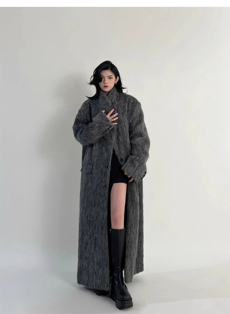 Lautaro Autumn Winter Clothes Women Oversized Extra Long Casual Warm Grey Wool & Blends Coat Women Maxi Fluffy Woolen Overcoat