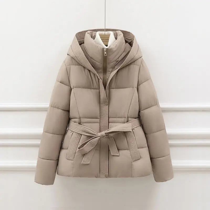 2025 New Winter Jacket Women Warm Parkas Long Sleeve Tops Casual Cotton Padded Jackets Belt Black Brown Hooded Outerwear Female