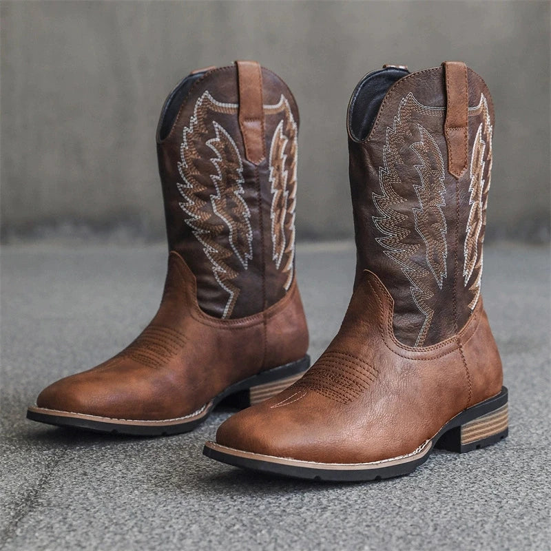 Vintage Embroidery Men's Cowboy Boots High Top Motorcycle Boots Men Shoes Fashion Square Toe Warm Boots