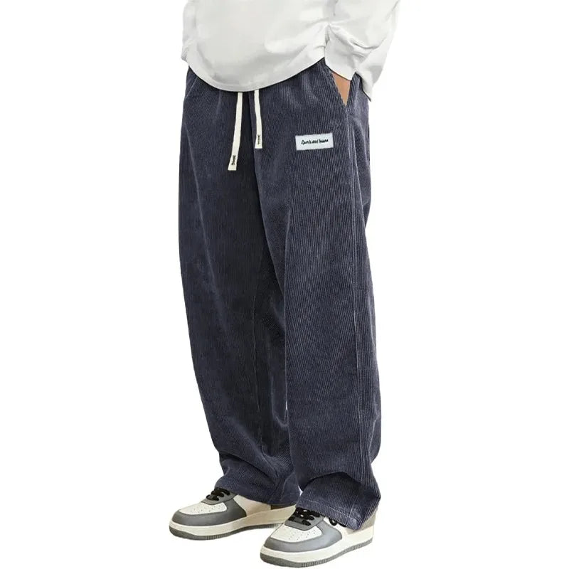 New Mens Corduroy Casual Pants Fashion Loose Fit Baggy Pants Straight Sweatpants Elastic Waist Drawstring Outdoor Streetwear