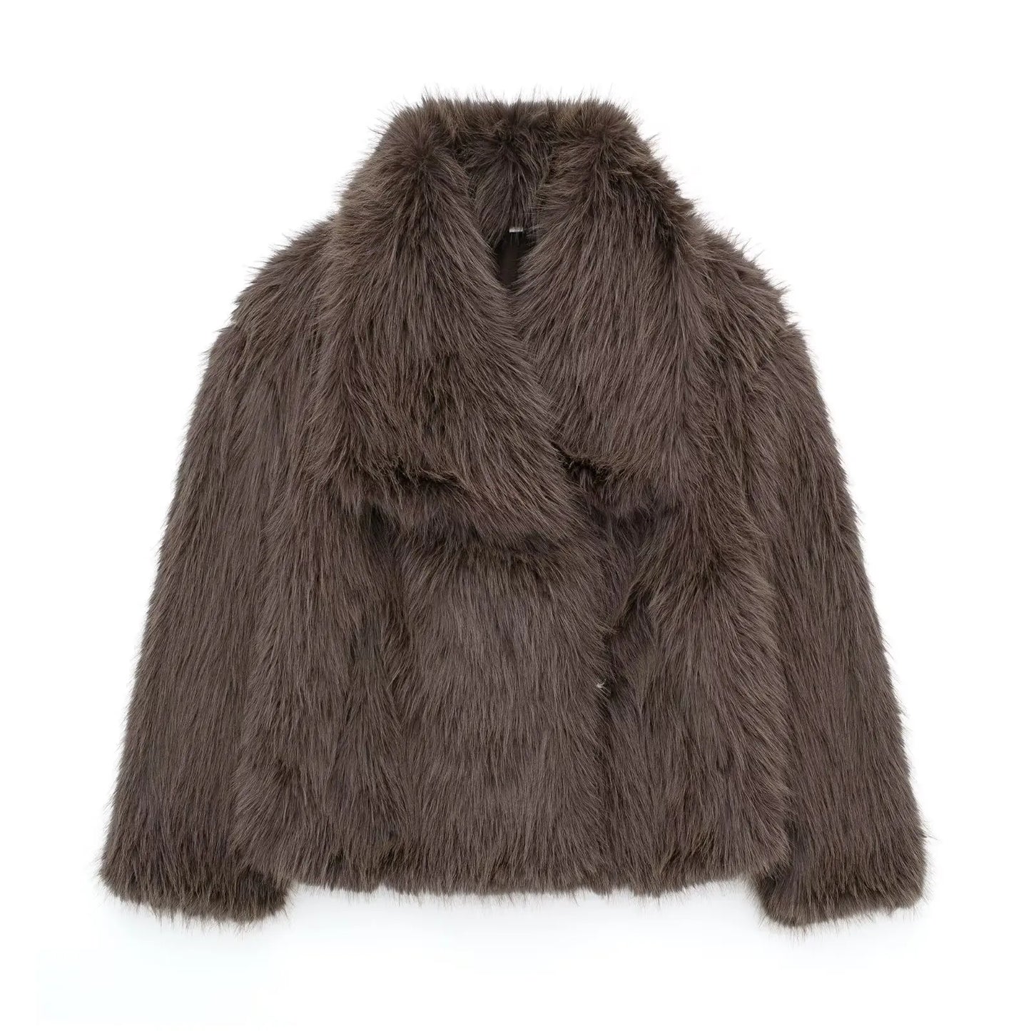 KONDALA Casual Brown Thick Fur Jackets Women Long Sleeve V Neck Autumn Winter Faux Fur Coats Fashion 2025 Streetwear Outwears