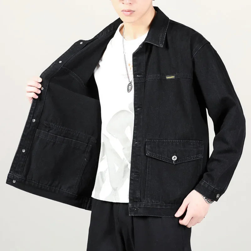 Spring Autumn New Fashion Men's Casual Trendy Multi Pocket Solid Color Denim Jacket Coat Loose Amaerican Jean Jacket Male Tops