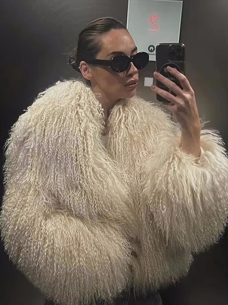 Fashion Solid Plush Faux Fur Coat Women Elegant Warm Long Sleeves Loose Jacket 2025 Lady Winter Chic High Street Outerwear 