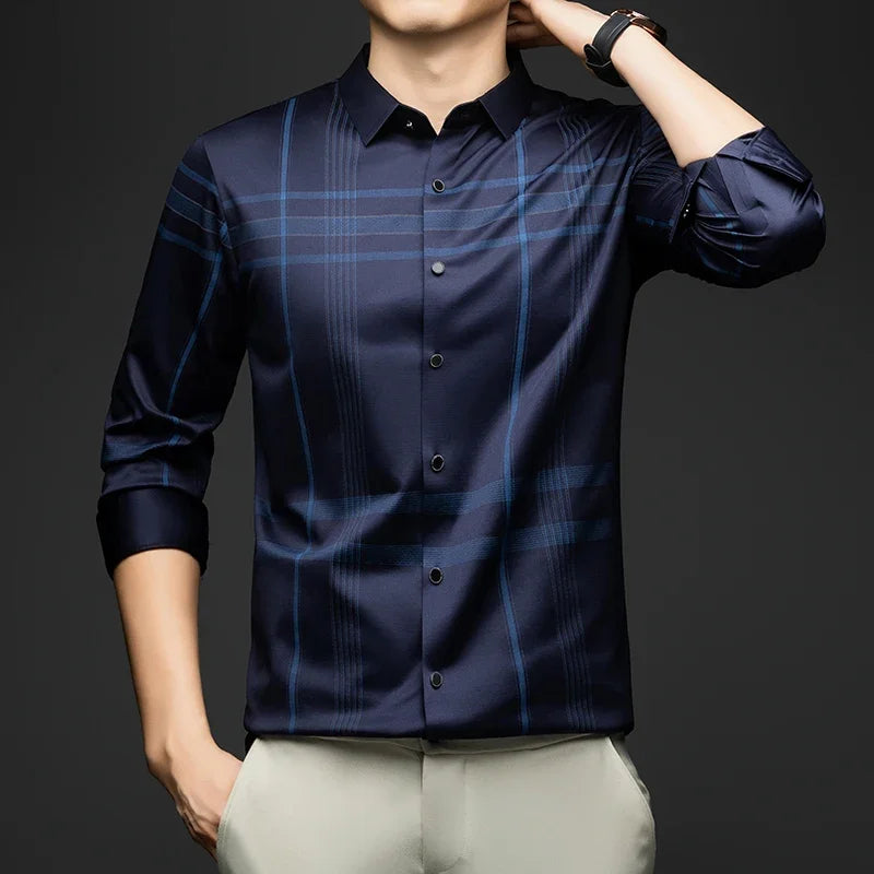 BROWON Formal Shirt Men 2025 Autumn New Long Sleeve Male Shirt Fashion Business Mulberry Silk Striped Shirts for Man Wear