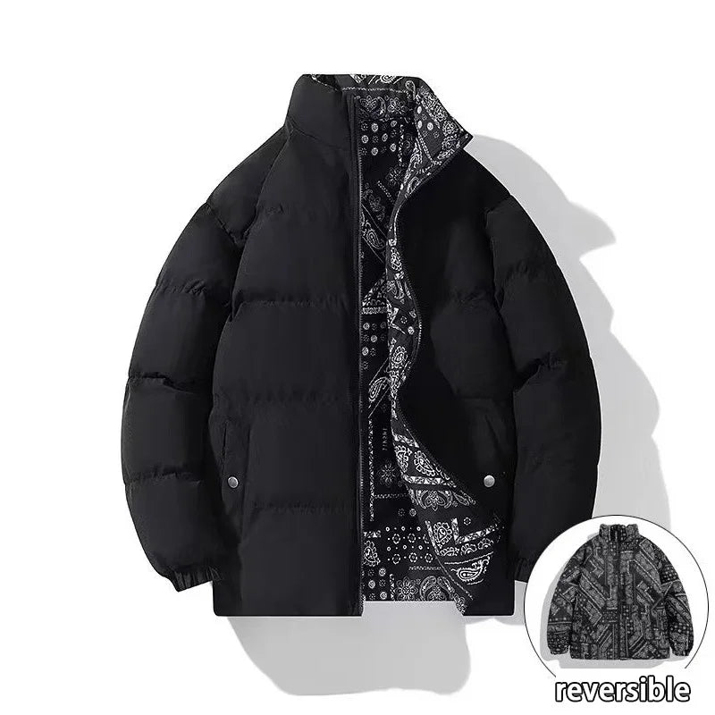 Double-Sided Wear Thickened Cotton Jacket for Men Women Stand Collar Warm Casual Loose Fit Winter Couple Windproof Bread Jacket