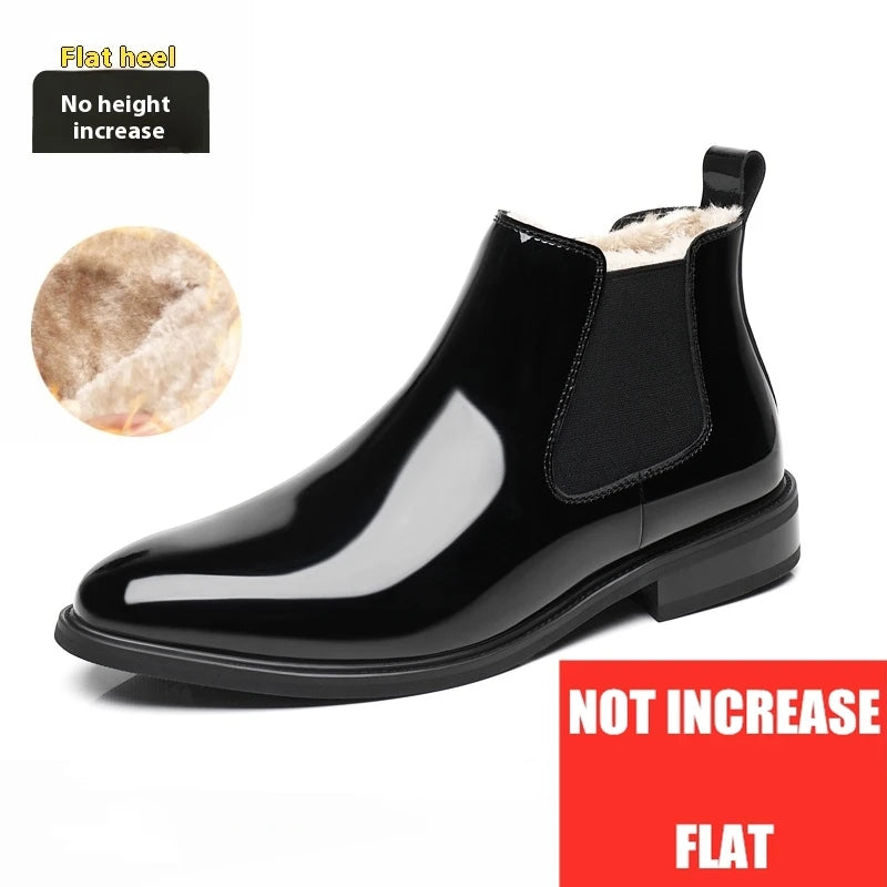 Height Increase Men's Shiny Leather Boots Pointed Formal Elevator Shoes Office Business Snow Boots Chelsea Winter Cotton Boots