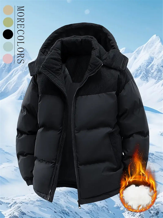 Men's Winter Hooded Jacket - Full-Zip Detachable Hood & Coat, Beige//Brown Color-Block, -Filled Casual Coat for Skiing, Snowboarding & ctivities - Machine Washable Cold Weather Outerwear, Winter Jacket For Men, Men Winter Jac