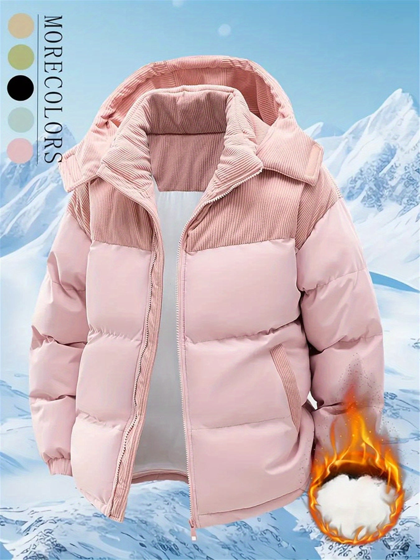 Men's Winter Hooded Jacket - Full-Zip Detachable Hood & Coat, Beige//Brown Color-Block, -Filled Casual Coat for Skiing, Snowboarding & ctivities - Machine Washable Cold Weather Outerwear, Winter Jacket For Men, Men Winter Jac