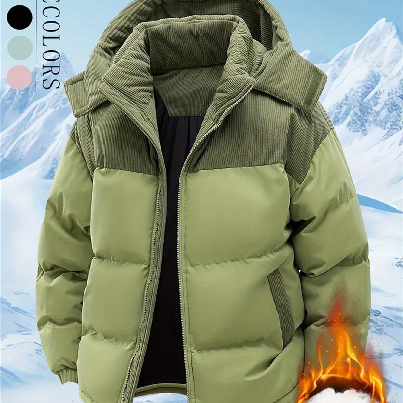 Men's Winter Hooded Jacket - Full-Zip Detachable Hood & Coat, Beige//Brown Color-Block, -Filled Casual Coat for Skiing, Snowboarding & ctivities - Machine Washable Cold Weather Outerwear, Winter Jacket For Men, Men Winter Jac