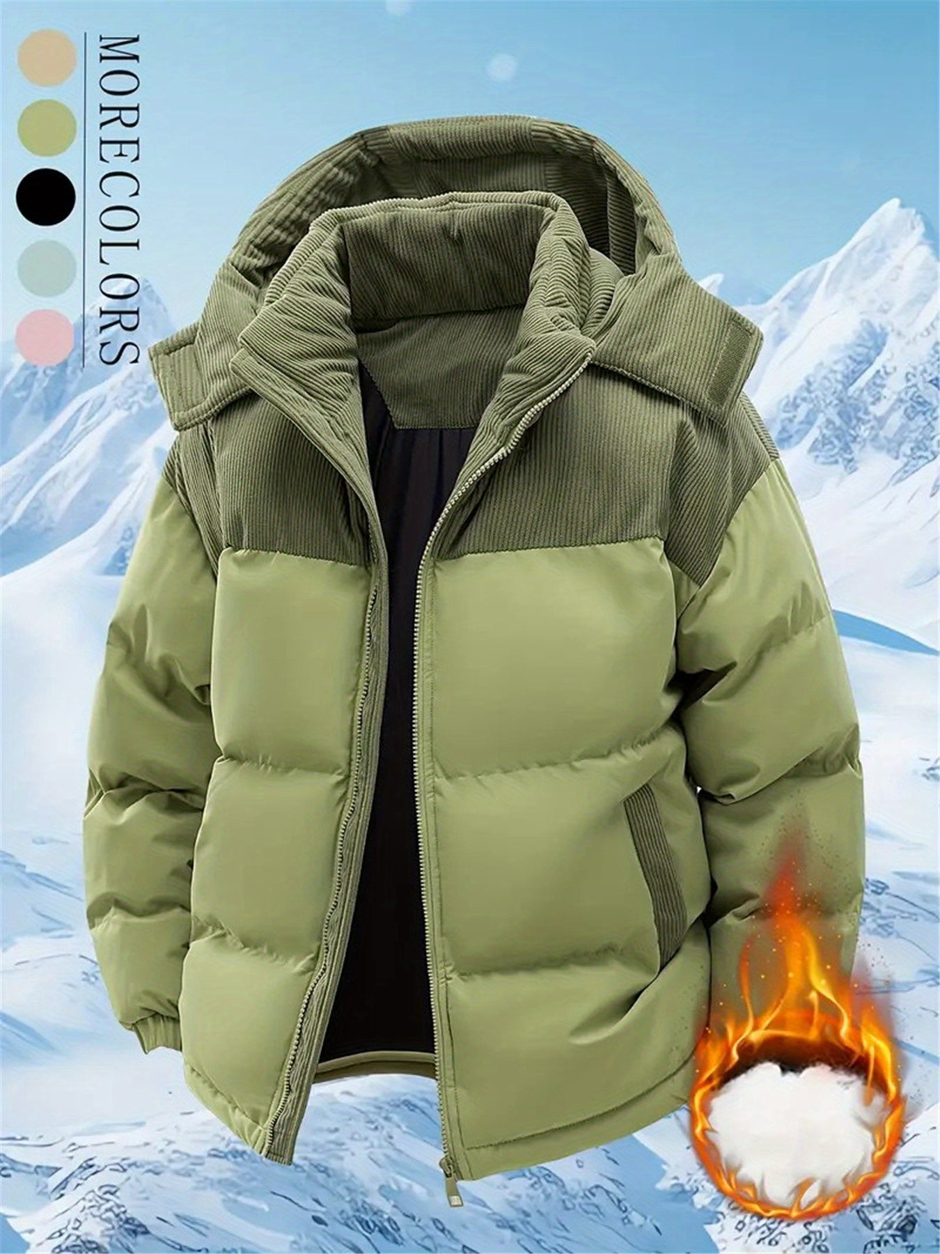 Men's Winter Hooded Jacket - Full-Zip Detachable Hood & Coat, Beige//Brown Color-Block, -Filled Casual Coat for Skiing, Snowboarding & ctivities - Machine Washable Cold Weather Outerwear, Winter Jacket For Men, Men Winter Jac