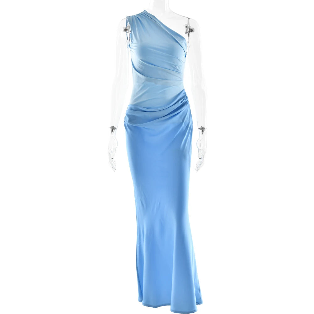 JULISSA MO Patchwork Satin Sexy One Shoulder Women Maxi Dress Brown Sleeveless Evening Dress Summer Slim Elegant Party Clubwear