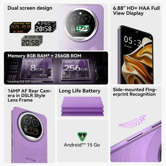 IIIF150 Action A5Pro Phone Android 15 Smartphone 8GB RAM 256GB ROM 6.8inch HD+ HAA Display Dual Screen Design 5100mAh Battery