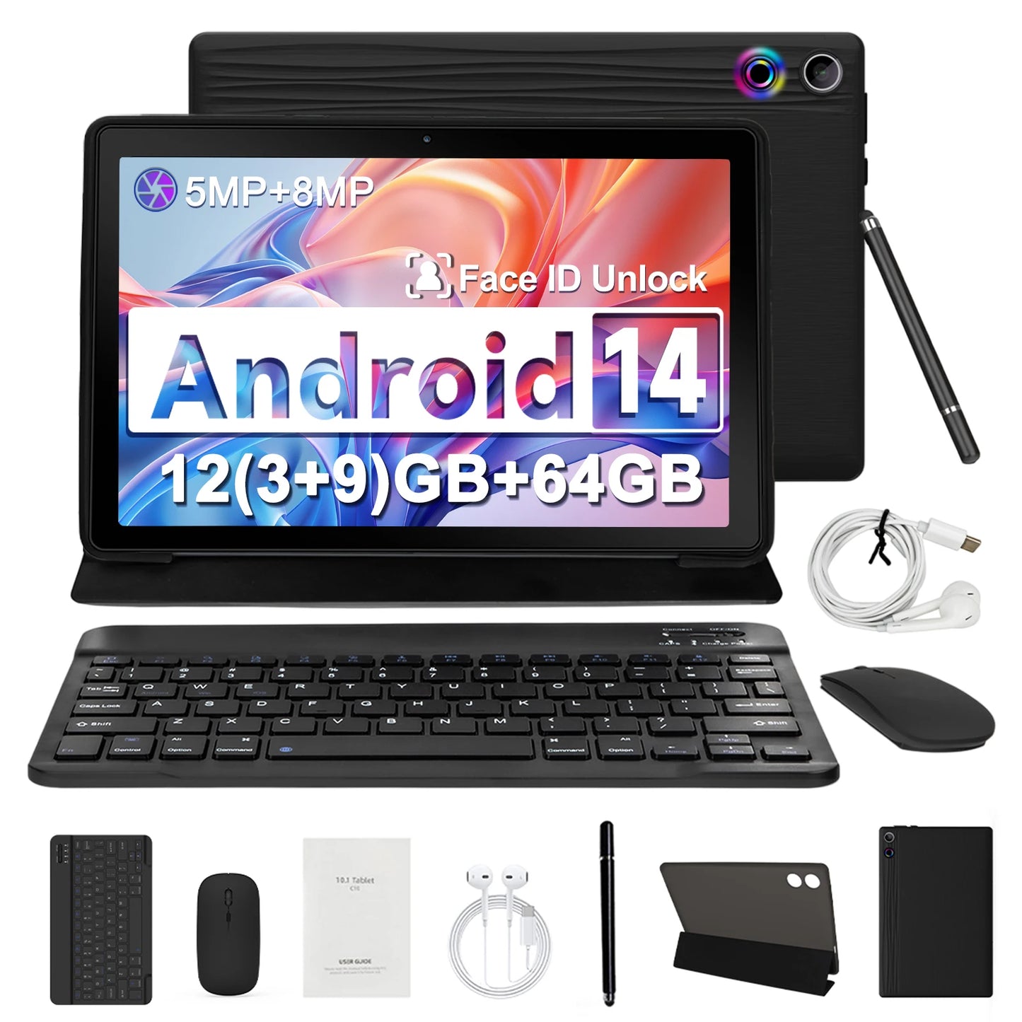 10 Inch Tablet Android 14 A523 Octa Core 12GB RAM 64GB ROM(TF 1TB) 5000mAh Face Unlocked Dual Carmera Keyboard Mouse Set PC Pad