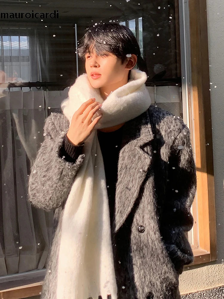 Mauroicardi Autumn Winter Oversized Long Thicken Warm Grey Woolen Coat Men Shoulder Pads Double Breasted Wool & Blends Overcoat
