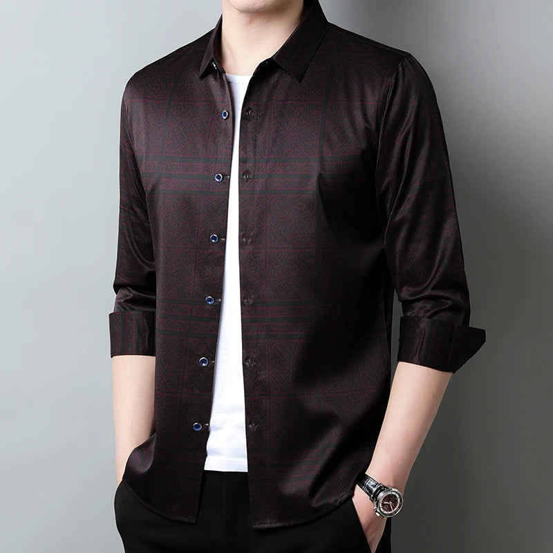 New Men's Casual Printed Long Sleeved Lapel Shirt for Spring and Autumn Fashion Comfortable Wrinkle Free Top Without Ironing