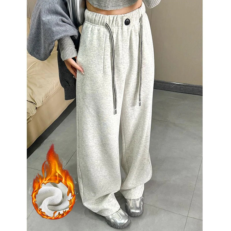 Winter Women Streetwear Baggy Fleece Pants Lady High Waist Snow Warm Plush Trousers Girls Slim Fit Daily Thermal Pants