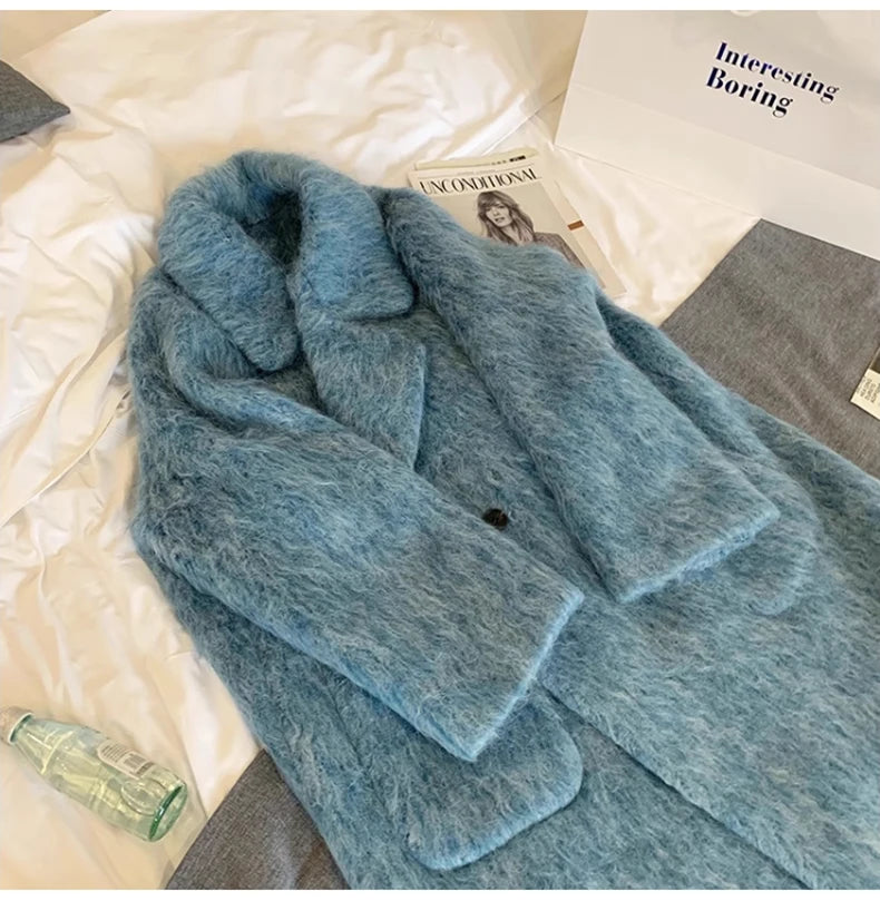 Lautaro Winter Long Blue Fluffy Oversized Warm Wool & blends Coat for Women Single Button Pockets Luxury Clothes Woolen Overcoat