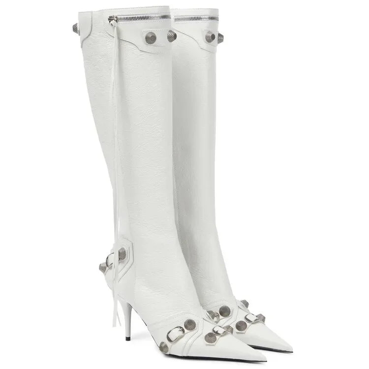 New 2024 Brand Design Knee High Boots Fashion Rivet Pointed Thin Heel Women's Boots 34-43 Fashion Hot Girls Denim Model Boots