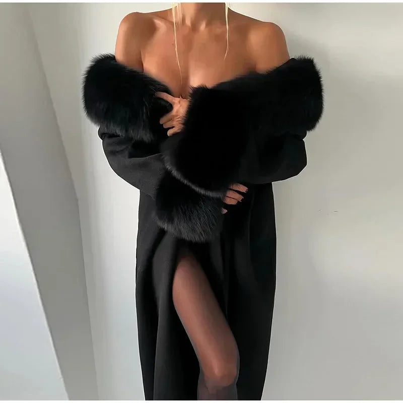 Retro Black Fur Patchwork Woolen Coat Women Chic Full Sleeve V-neck Lace Up Loose Long Overcoat 2025 Lady Winter Commute Outwear