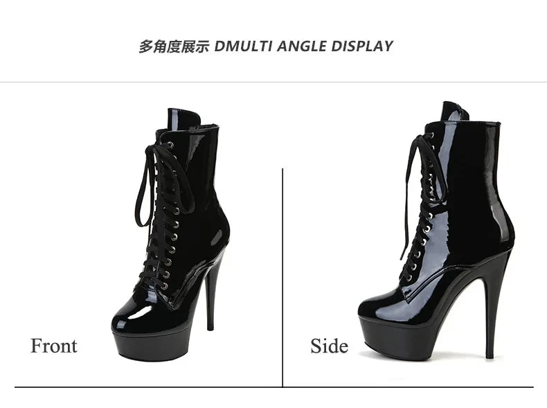 Sexy Black 15cm High Heel Women Ankle Boots Zippered Lace-Up Platform Stripper Shoes Western Style Pole Dancing Boots for Women