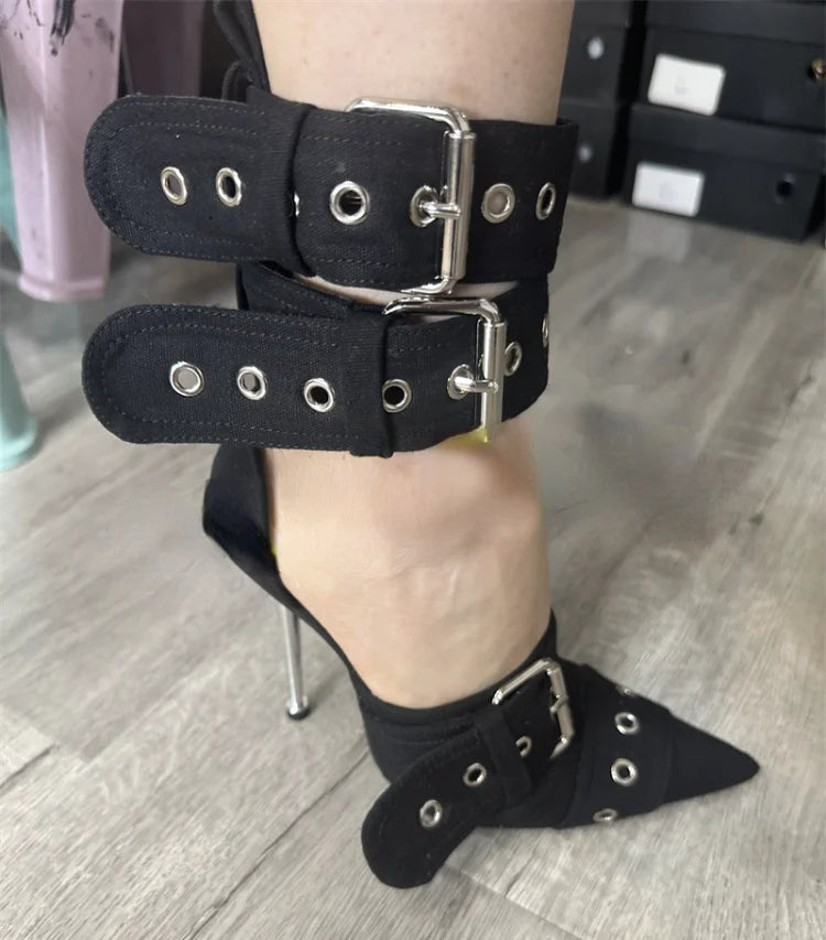 Blue Denim Metal Rivet Buckle Silvery Over Knee Boots Women Sexy Punk Style Silver Belt Buckle 12cm High Heel Sandals Size 34-43