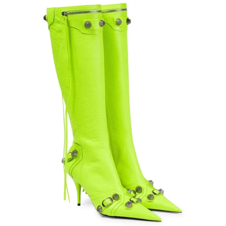 New 2024 Brand Design Knee High Boots Fashion Rivet Pointed Thin Heel Women's Boots 34-43 Fashion Hot Girls Denim Model Boots