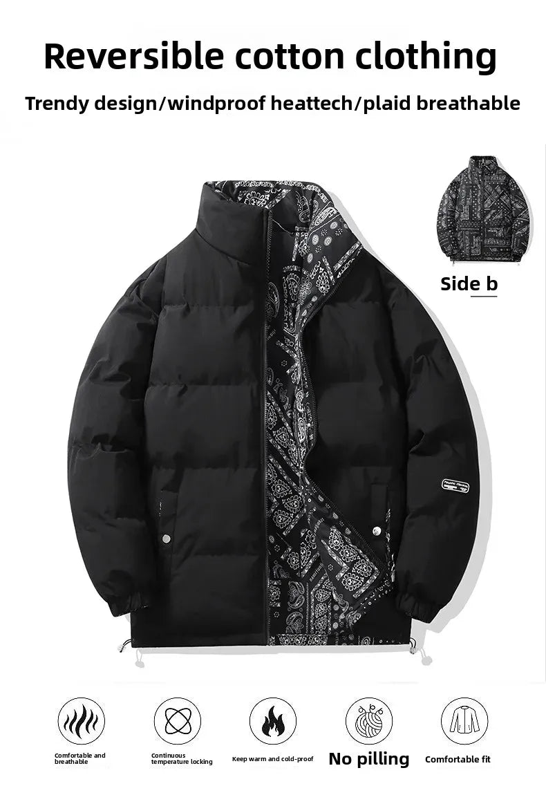 Double-Sided Wear Thickened Cotton Jacket for Men Women Stand Collar Warm Casual Loose Fit Winter Couple Windproof Bread Jacket