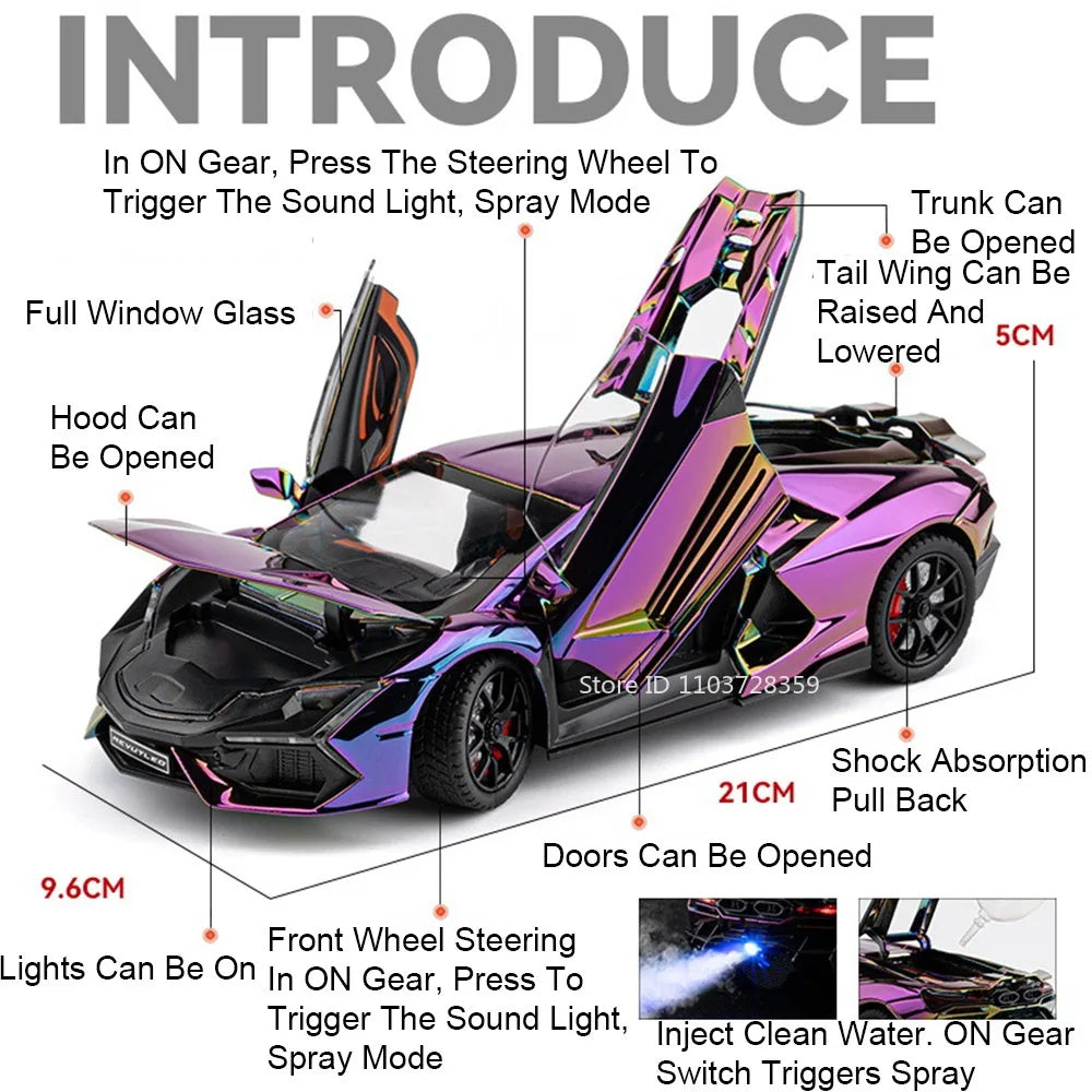 1:24 Scale REVUELTO Miniature Model Toy Sports Cars Alloy Diecast Supercars Sound Light Doors Opened Pull Back for Kids Gifts
