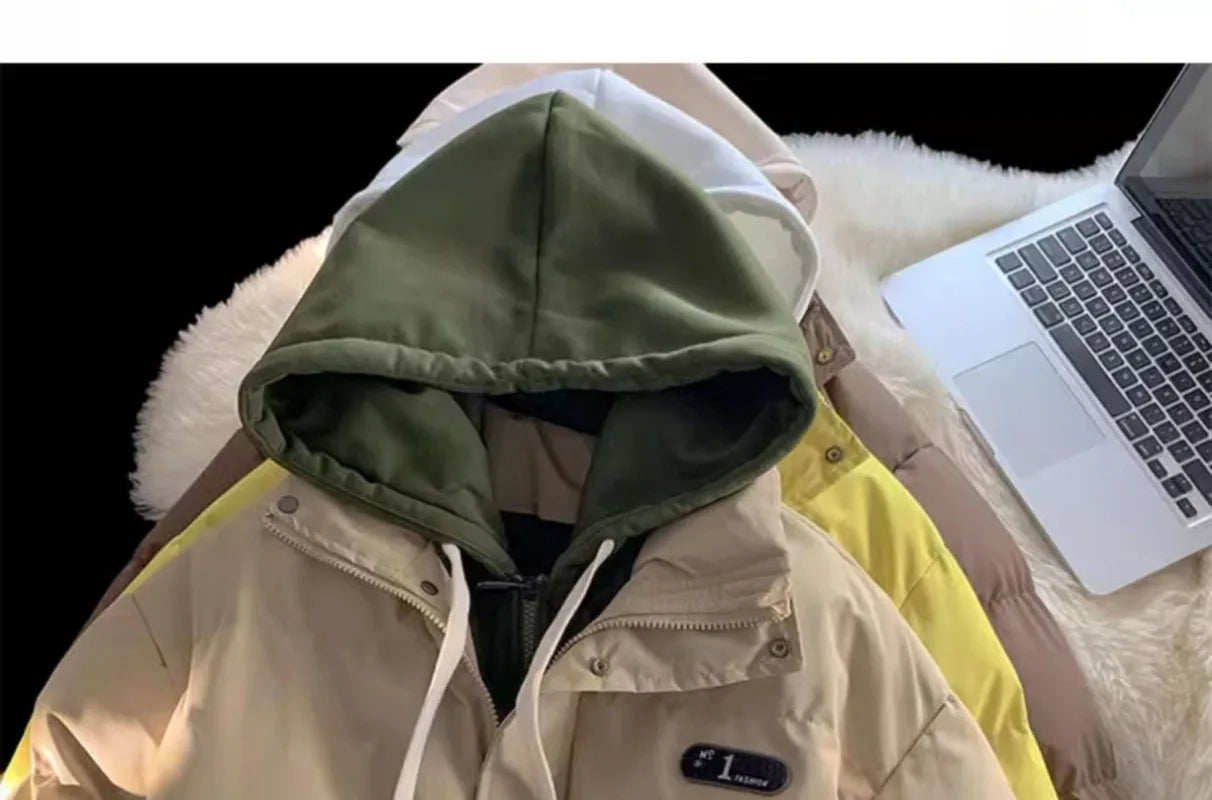 Winter New Fashion Splicing Hooded Fake Two-piece Design Sense Bread Clothes Women Y2K New Korean Version Thick Warm Coats