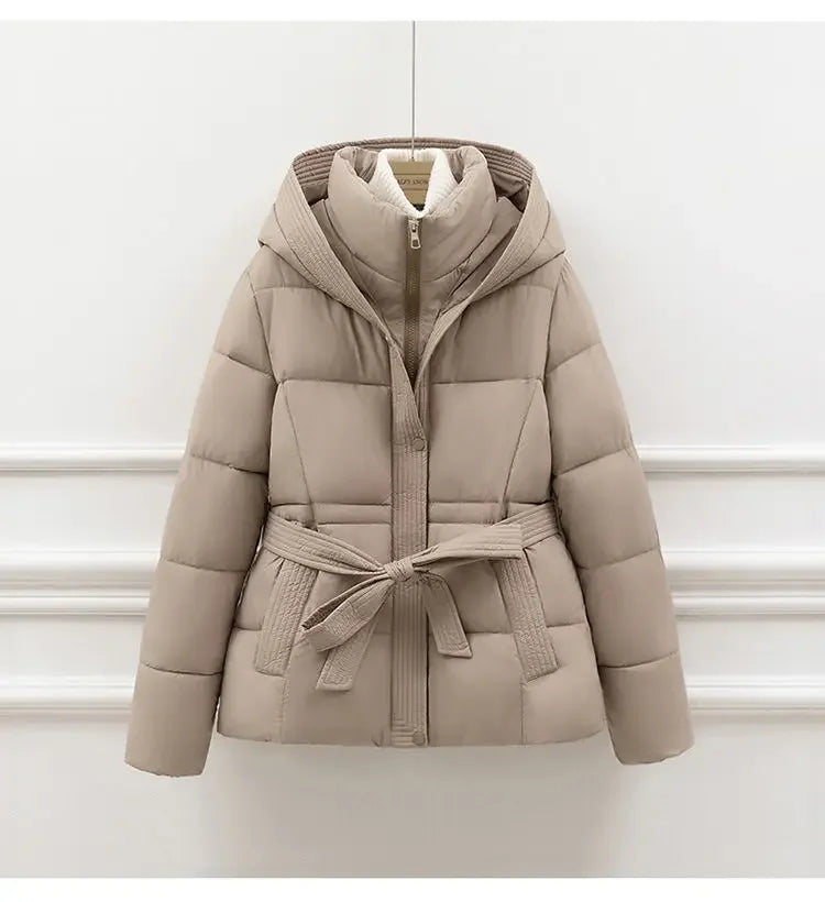 2025 New Winter Jacket Women Warm Parkas Long Sleeve Tops Casual Cotton Padded Jackets Belt Black Brown Hooded Outerwear Female
