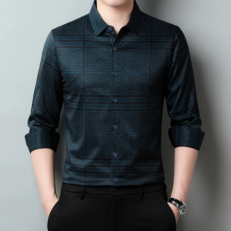 New Men's Casual Printed Long Sleeved Lapel Shirt for Spring and Autumn Fashion Comfortable Wrinkle Free Top Without Ironing