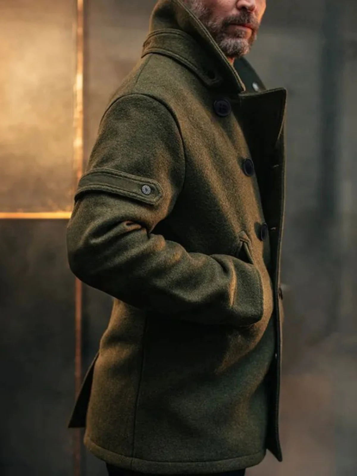 Men's Pure Color Woolen Coat with Buttoned Collar ort Sve V-Ne Outerwear for Young Men in Autumn Season