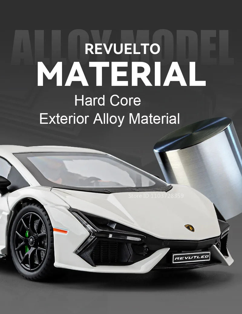 1:24 Scale REVUELTO Miniature Model Toy Sports Cars Alloy Diecast Supercars Sound Light Doors Opened Pull Back for Kids Gifts