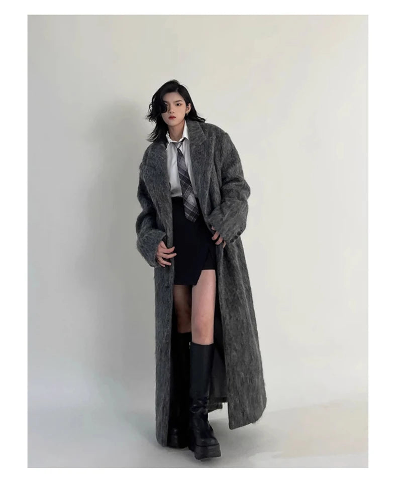 Lautaro Autumn Winter Clothes Women Oversized Extra Long Casual Warm Grey Wool & Blends Coat Women Maxi Fluffy Woolen Overcoat