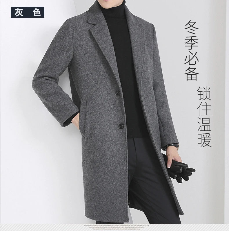 Winter Autumn Men's Timeless Woolen Overcoat Grey Navy Black Burgundy Notched Collar Design Cashmere Coat Plus Size Menswear