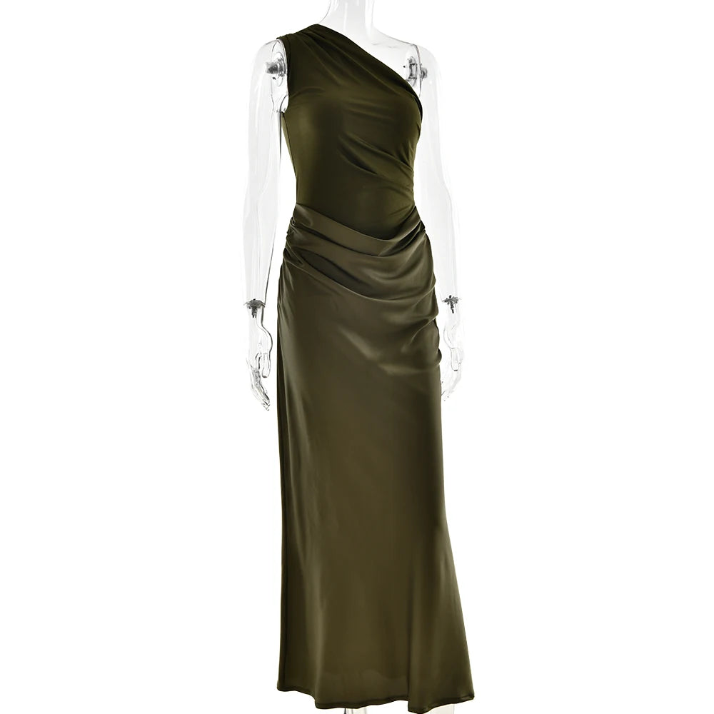 JULISSA MO Patchwork Satin Sexy One Shoulder Women Maxi Dress Brown Sleeveless Evening Dress Summer Slim Elegant Party Clubwear
