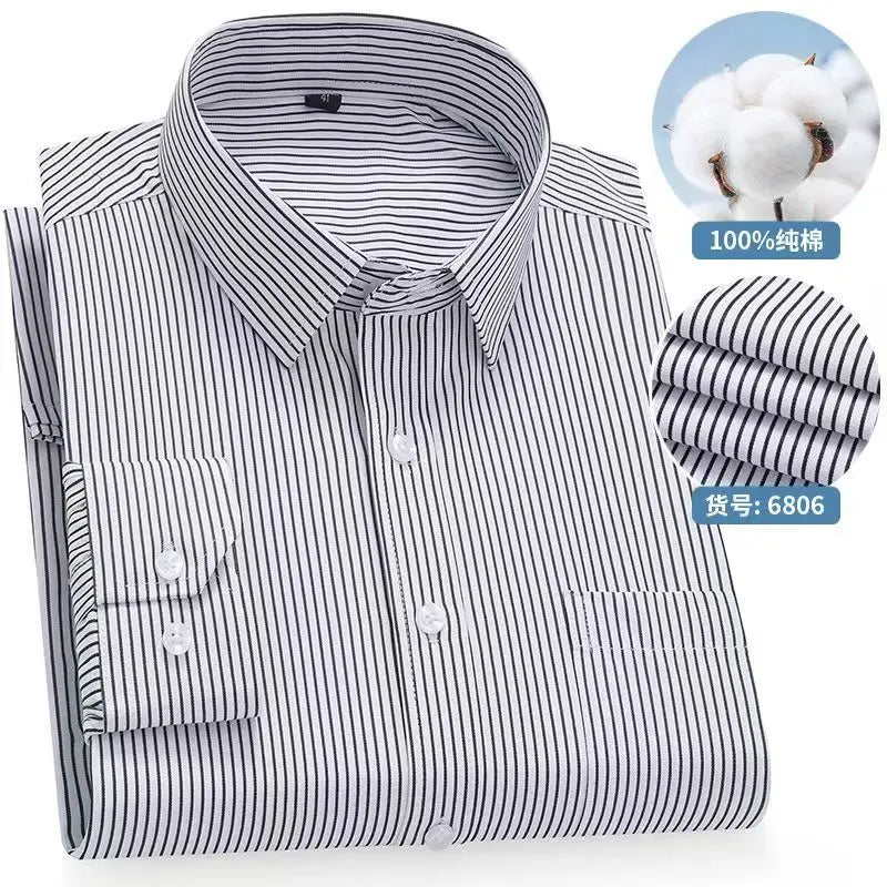 8XL Formal Office Wear 100 Cotton Long Sleeve Shirt for Men Business Casual Striped Work Shirt Men Long Sleeve White Black Blue