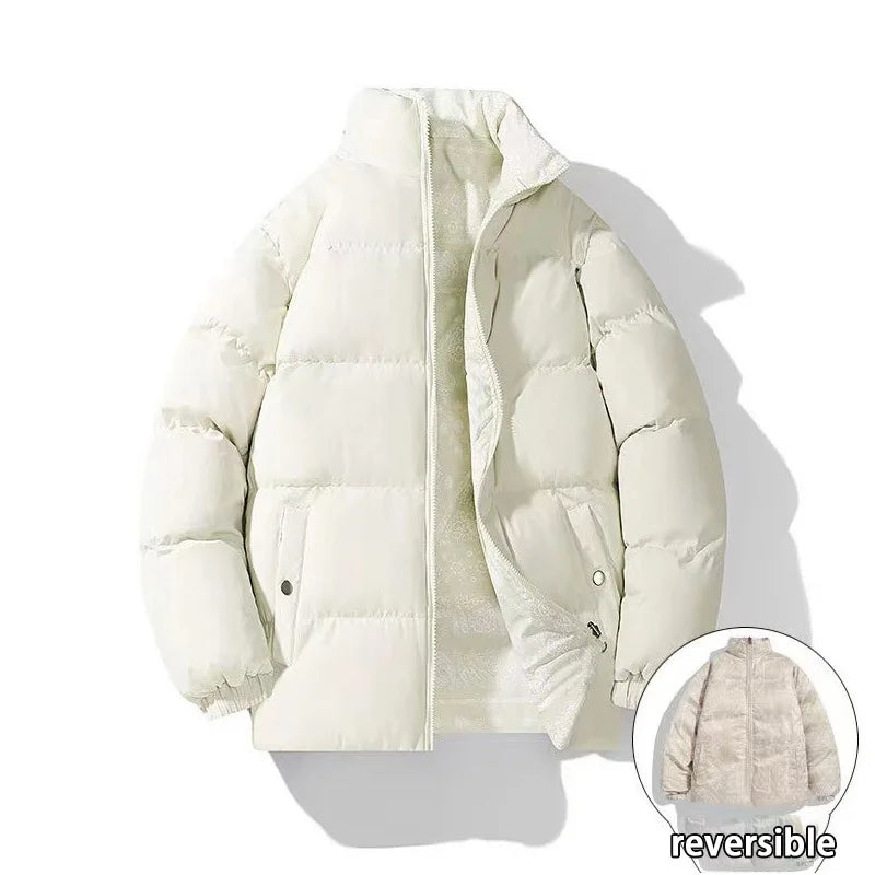 Double-Sided Wear Thickened Cotton Jacket for Men Women Stand Collar Warm Casual Loose Fit Winter Couple Windproof Bread Jacket