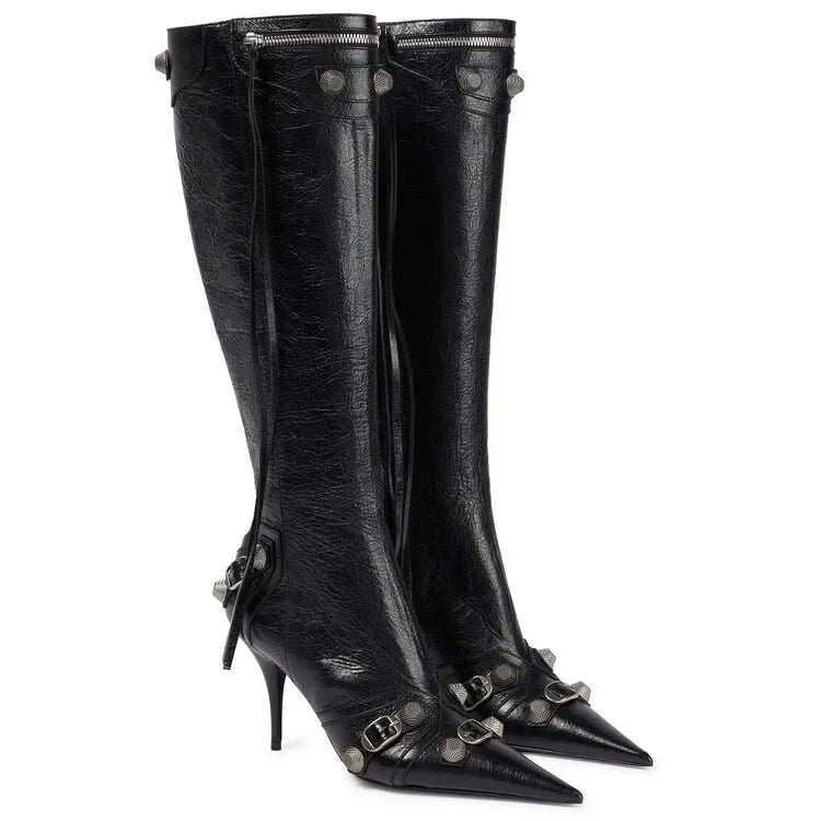 New 2024 Brand Design Knee High Boots Fashion Rivet Pointed Thin Heel Women's Boots 34-43 Fashion Hot Girls Denim Model Boots